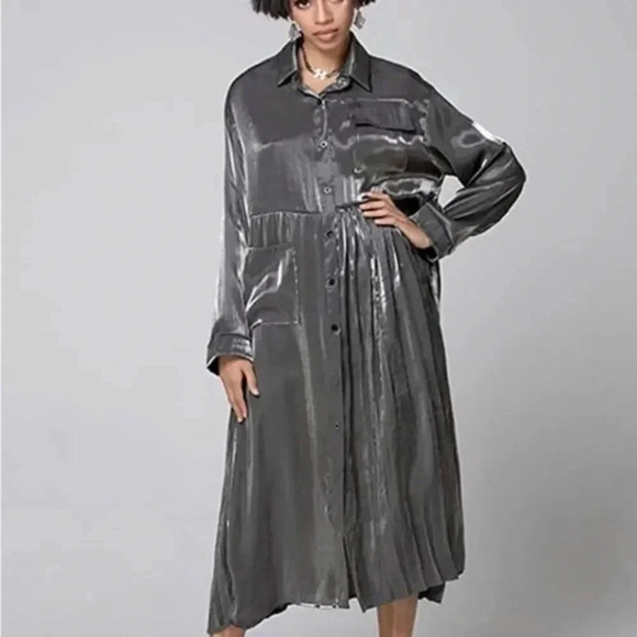 Black Pleated SplitDress New Lapel Long Sleeve Loose Fit Fashion Tide Spring - Picture 3 of 7